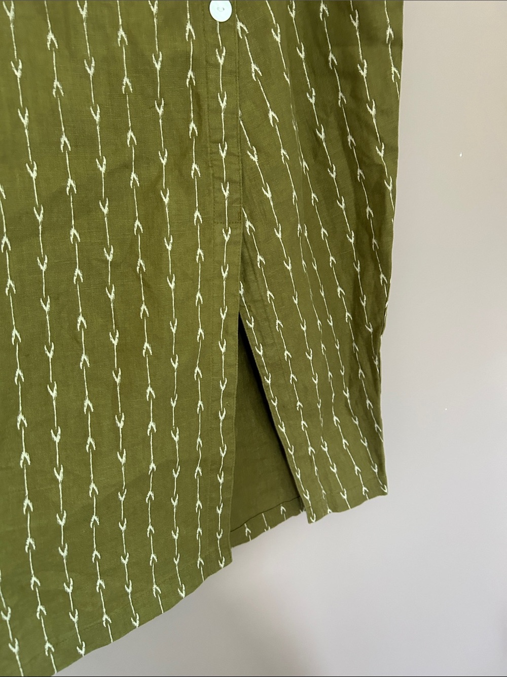 Garnet Hill Kona Linen Skirt Olive Green Geometric Midi Front Split Size L - Picture 9 of 13